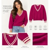 Koralline - AI26-627 Fuchsia roze trui V-hals ecru boord.
