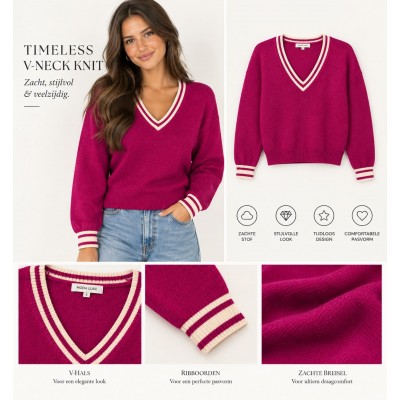 Koralline - AI26-627 Fuchsia roze trui V-hals ecru boord. Koralline - AI26-627 Fuchsia roze trui V-hals ecru boord.