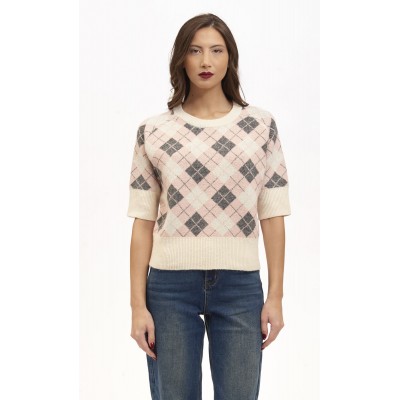 Koralline - AI26-669 Maglia Trui korte mouwen ruitenpatroon roze-wit. Koralline - AI26-669 Maglia Trui korte mouwen ruitenpatroon roze-wit.