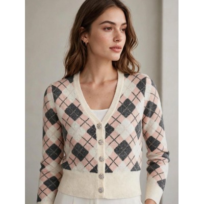 Koralline - AI26-670 Gilet ruitenprint ecru grijs roze.