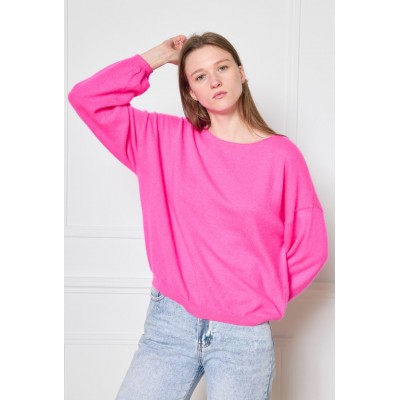 Mika elles - 2225-Fuxia Losse pull fuxia roze met ronde hals.