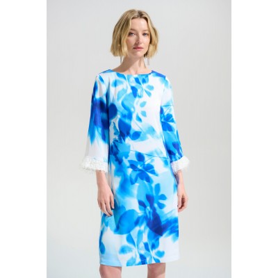 Joseph Ribkoff - 261728 Los kleed print wit blauw 3/4 mouwen.