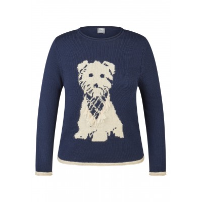 Rabe - 57-113615 Donker blauwe pull met centraal ecru hondje.