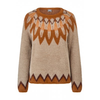 Rabe - 57-121621 zachte trui taupe met print bruin cognac.