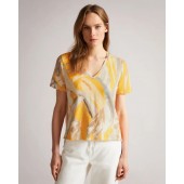 Ted Baker - Pera Losse T-shirt V-hals met geel beige print.